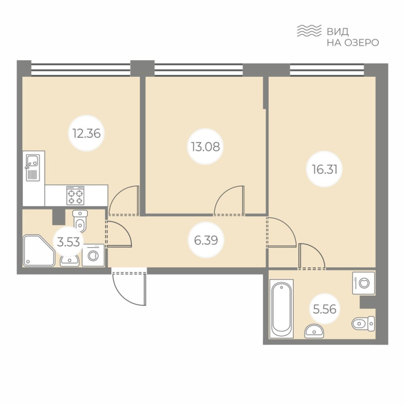 2-комнатная квартира, 57.23 м² - планировка, фото №1