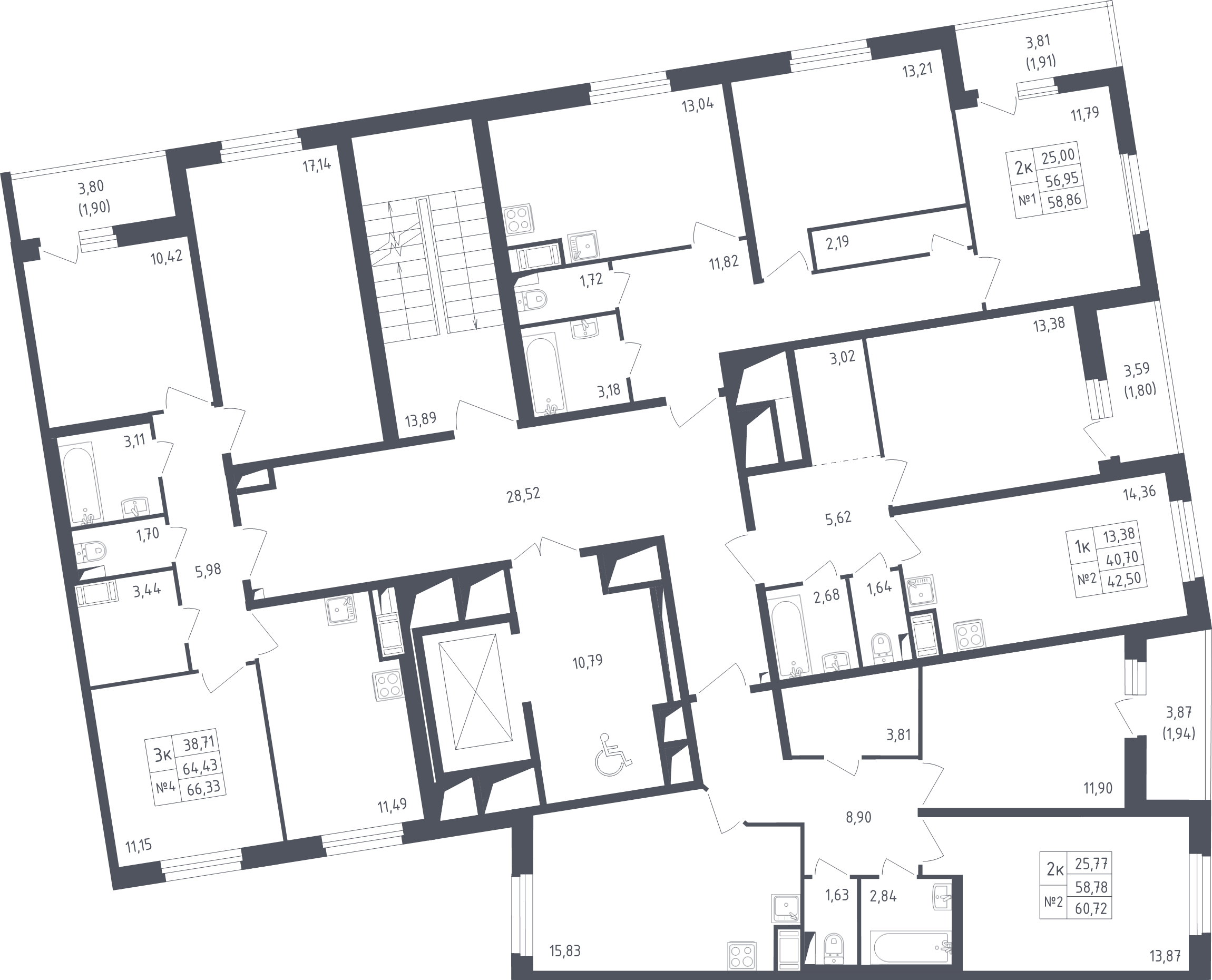 3-комнатная (Евро) квартира, 60.72 м² в ЖК "Астрид" - планировка этажа