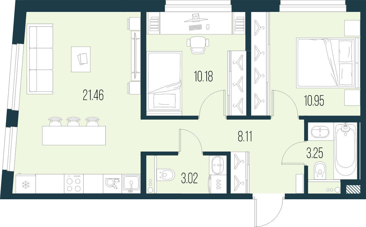 3-комнатная (Евро) квартира, 56.97 м² в ЖК "Новая Земля" - планировка, фото №1