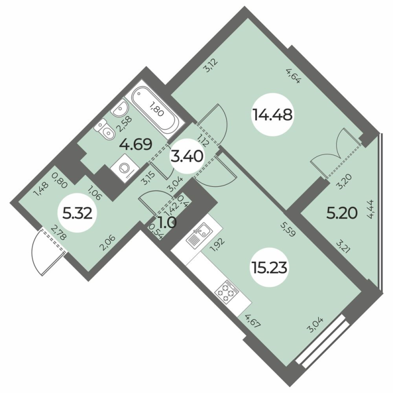 2-комнатная (Евро) квартира, 46.72 м² - планировка, фото №1