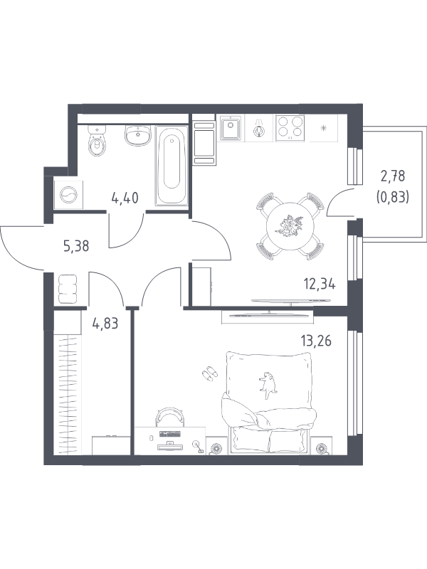 1-комнатная квартира, 41.36 м² в ЖК "Новое Колпино" - планировка, фото №1