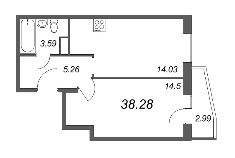 1-комнатная квартира, 38.4 м² - планировка, фото №1