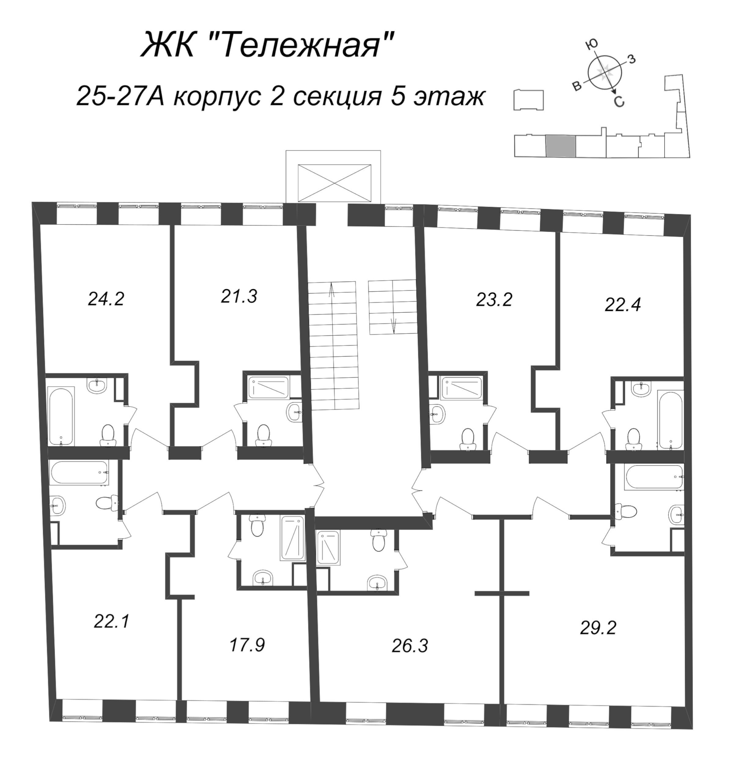 Квартира-студия, 31 м² в ЖК "Тележная 21-29" - планировка этажа