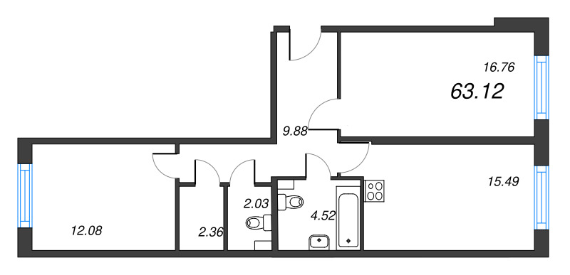 3-комнатная (Евро) квартира, 63.12 м² - планировка, фото №1