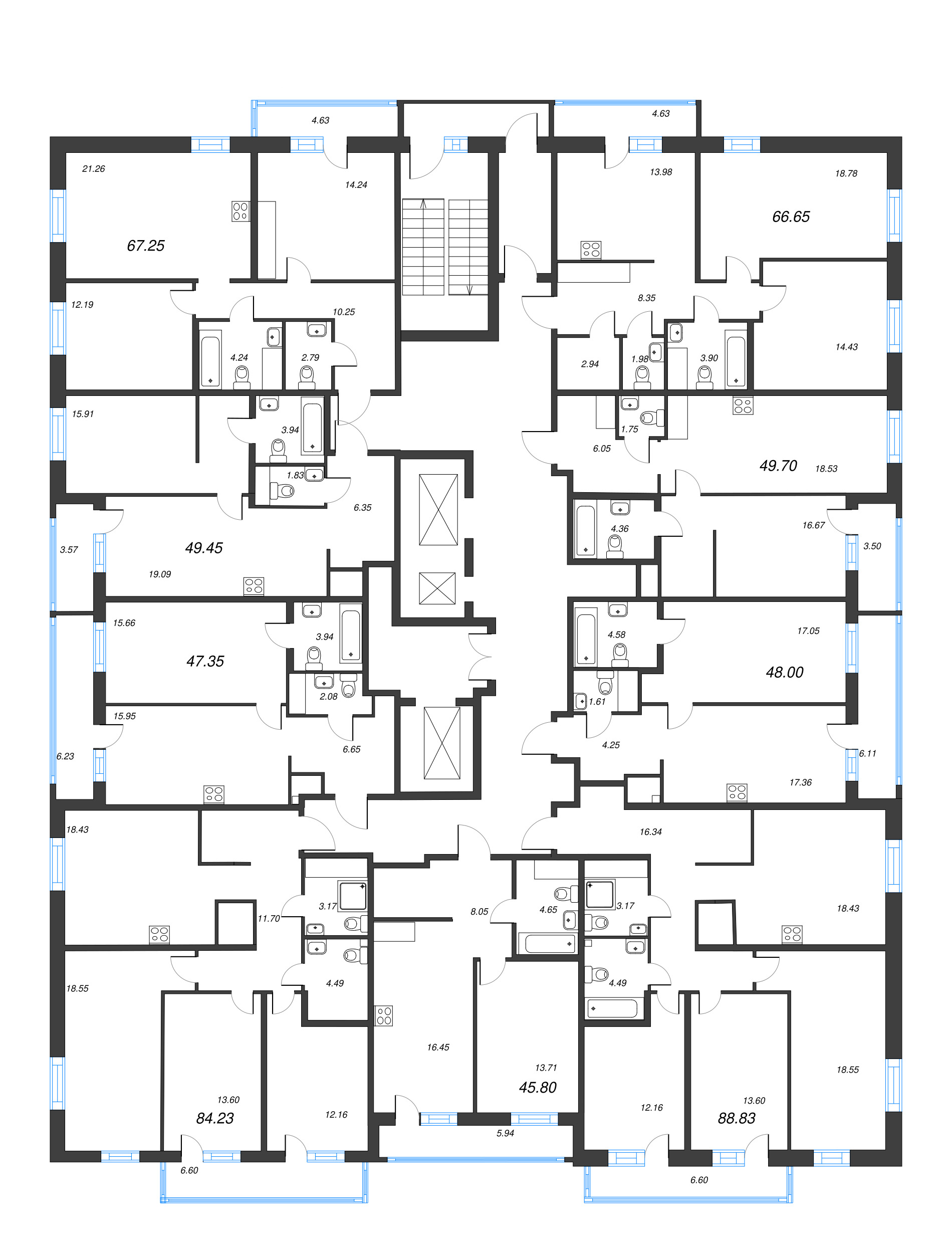 3-комнатная (Евро) квартира, 67.25 м² - планировка этажа