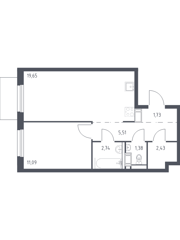 2-комнатная (Евро) квартира, 44.53 м² в ЖК "Квартал Торики" - планировка, фото №1