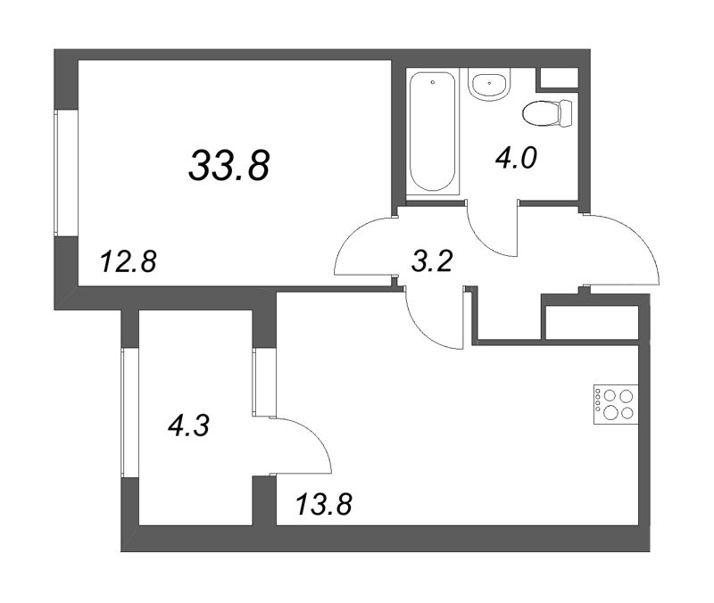 1-комнатная квартира, 33.8 м² в ЖК "ЮгТаун" - планировка, фото №1
