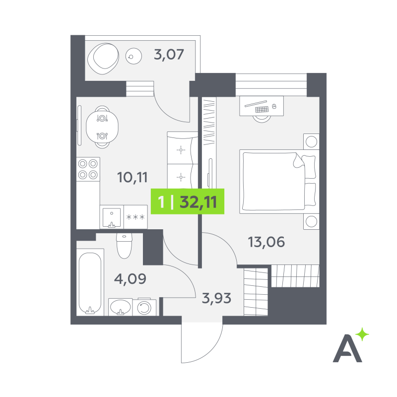 1-комнатная квартира, 32.11 м² в ЖК "Аквилон РекаПарк" - планировка, фото №1