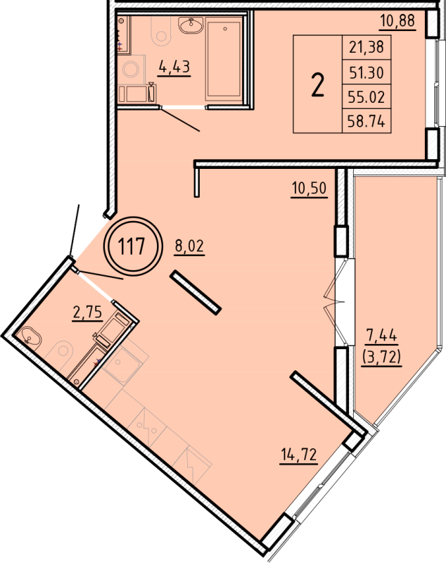 2-комнатная квартира, 51.3 м² - планировка, фото №1