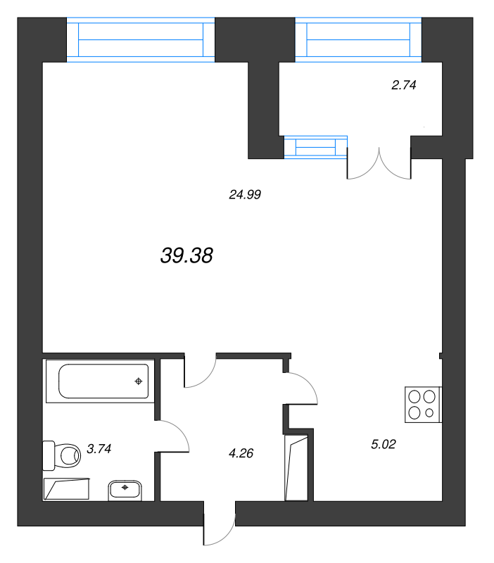 1-комнатная квартира, 42.9 м² - планировка, фото №1