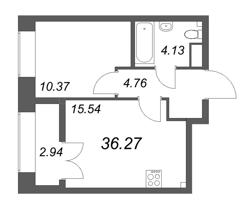 2-комнатная (Евро) квартира, 36.27 м² в ЖК "Новый Питер" - планировка, фото №1