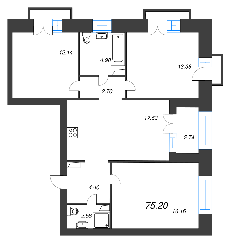 4-комнатная (Евро) квартира, 79.6 м² - планировка, фото №1