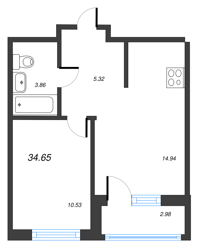 2-комнатная (Евро) квартира, 37.63 м² в ЖК "Город Первых" - планировка, фото №1