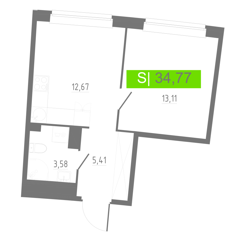1-комнатная квартира, 34.77 м² в ЖК "Аквилон РИВА" - планировка, фото №1