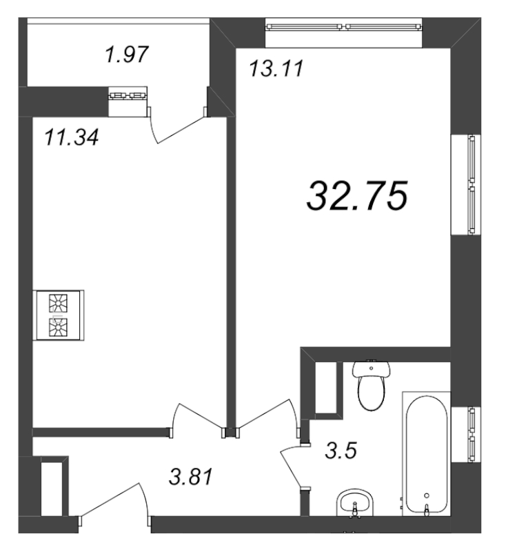 1-комнатная квартира, 32.75 м² - планировка, фото №1