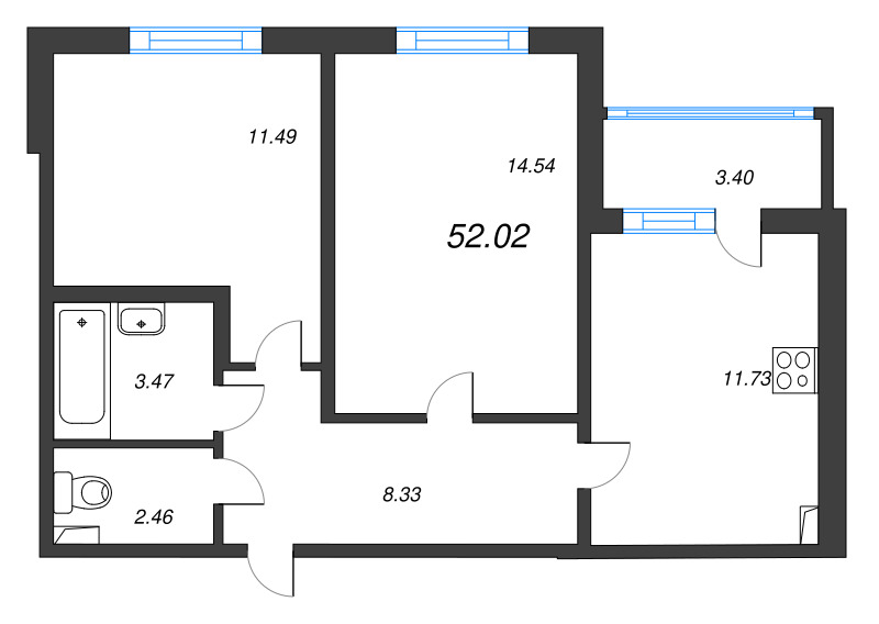 2-комнатная квартира, 52.02 м² в ЖК "Любоград" - планировка, фото №1