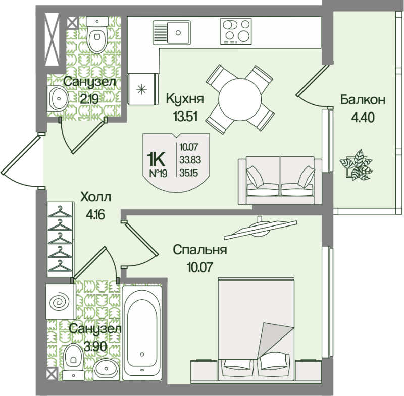 1-комнатная квартира, 35.15 м² в ЖК "Охтинские высоты" - планировка, фото №1