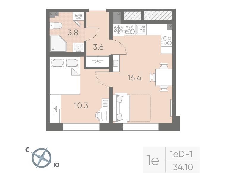 1-комнатная квартира, 34.1 м² в ЖК "Пулково Lake" - планировка, фото №1