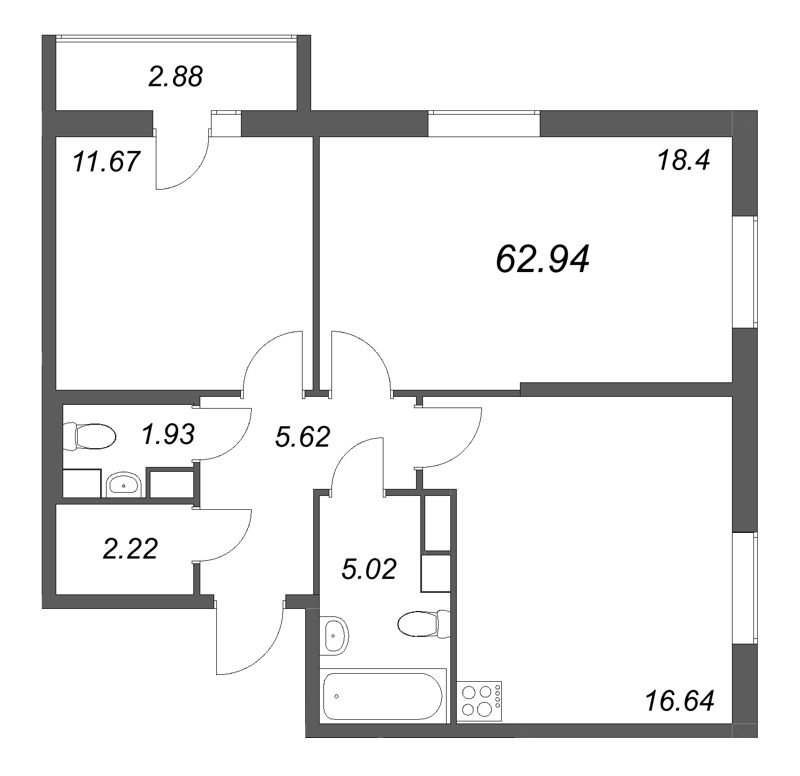 3-комнатная (Евро) квартира, 62.94 м² в ЖК "Кинопарк" - планировка, фото №1