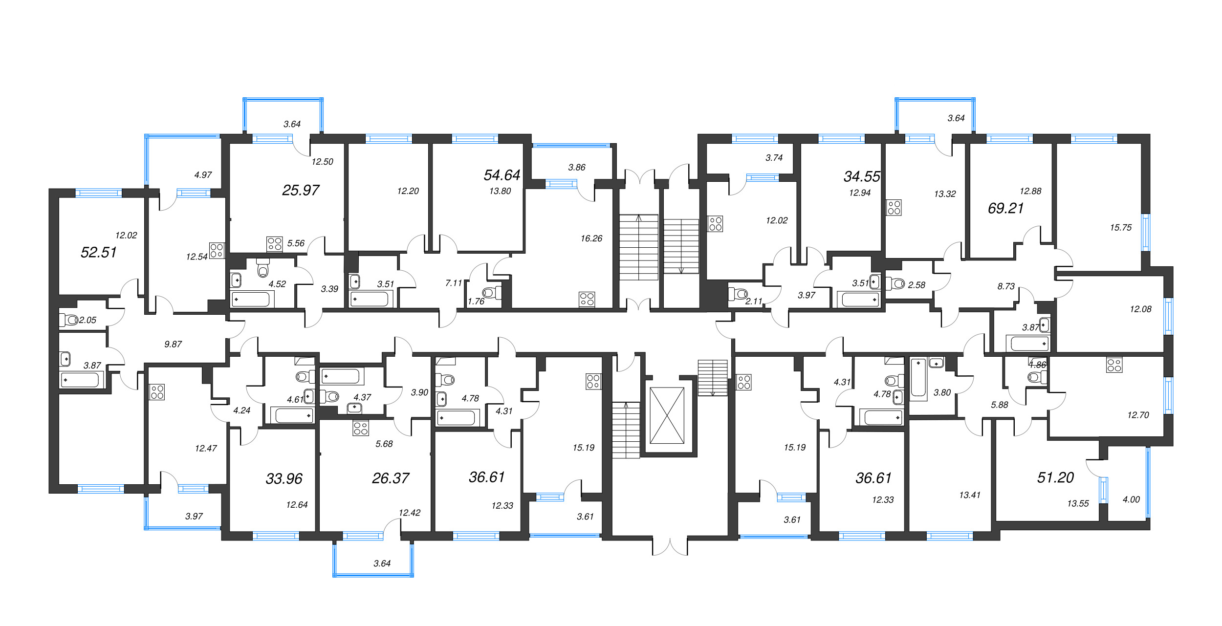 3-комнатная (Евро) квартира, 54.64 м² - планировка этажа
