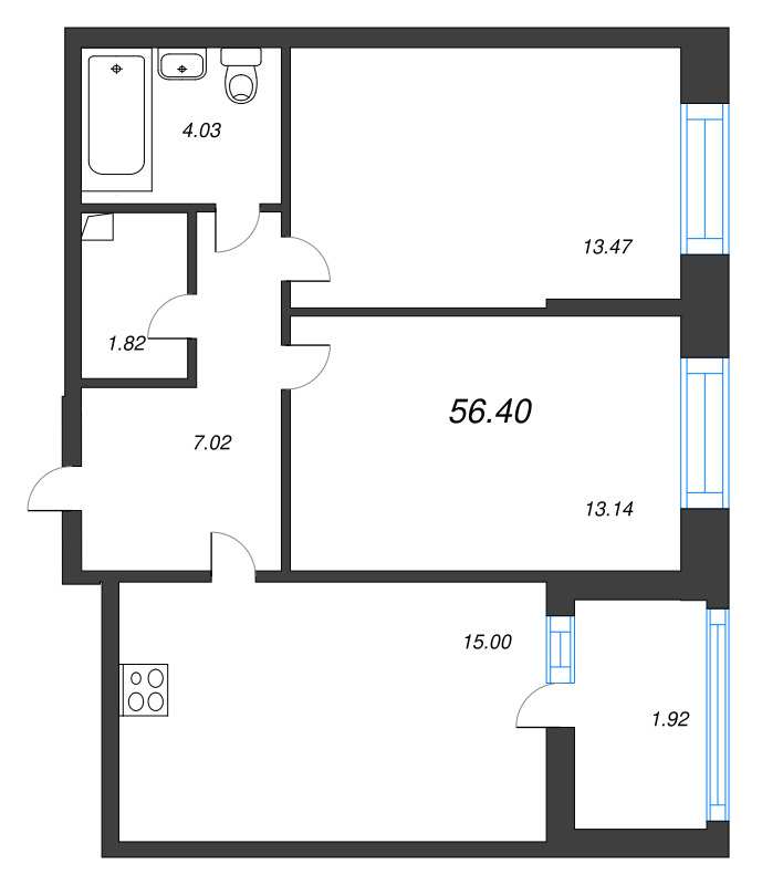 2-комнатная квартира, 56.4 м² в ЖК "Аквилон Верба" - планировка, фото №1