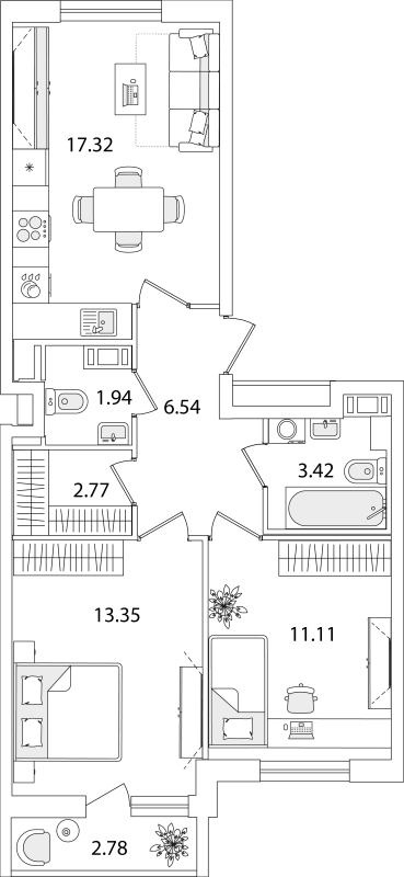 2-комнатная квартира, 57.84 м² в ЖК "Кинопарк" - планировка, фото №1