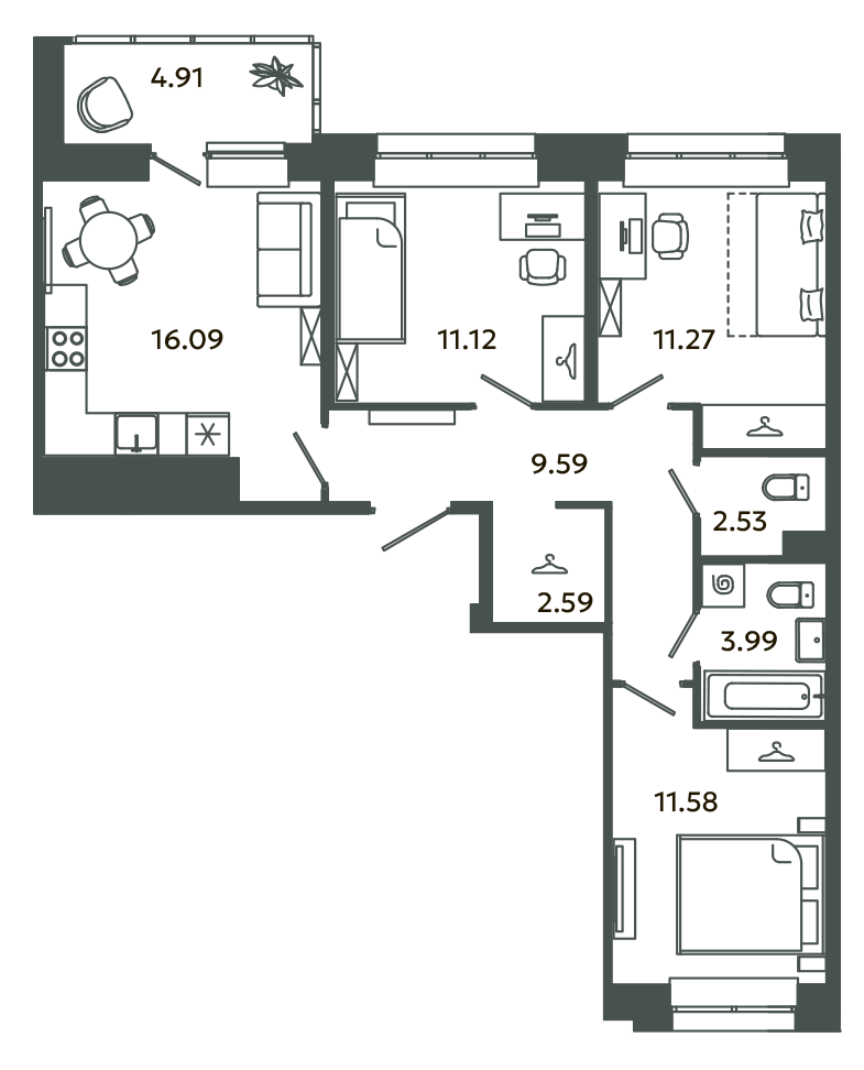 4-комнатная (Евро) квартира, 71.22 м² в ЖК "Загляденье" - планировка, фото №1