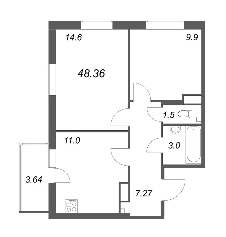2-комнатная квартира, 48.36 м² - планировка, фото №1