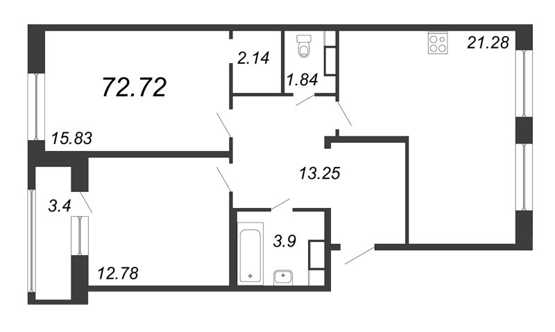 3-комнатная (Евро) квартира, 72.72 м² - планировка, фото №1