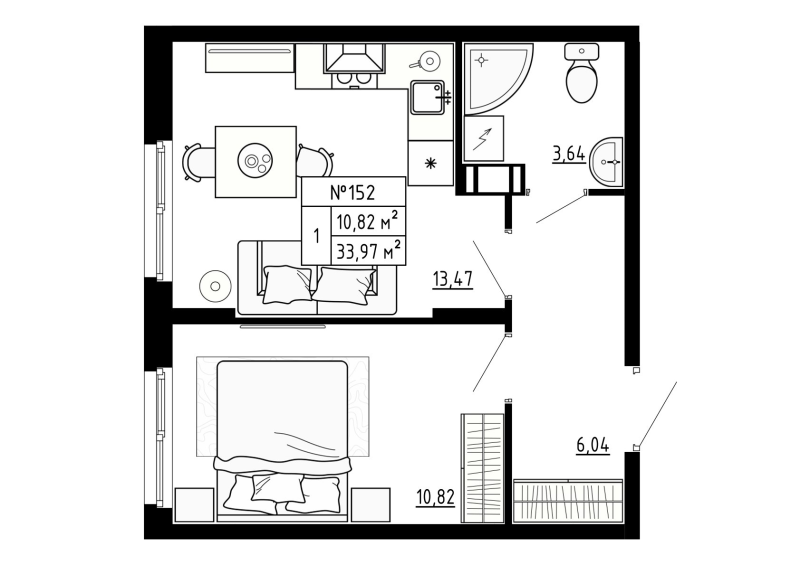 1-комнатная квартира, 33.97 м² - планировка, фото №1