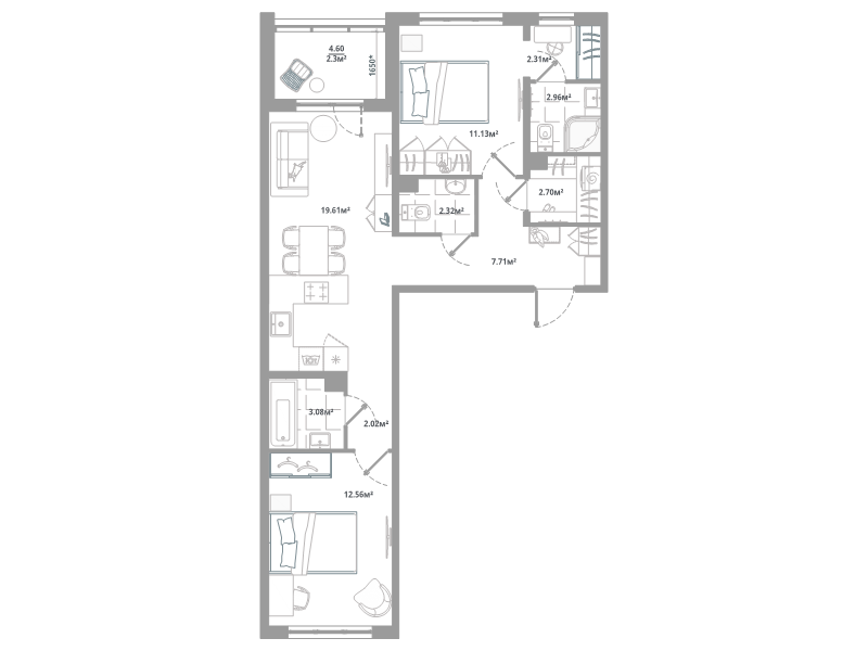 2-комнатная квартира, 68.7 м² в ЖК "ЛесАрт" - планировка, фото №1