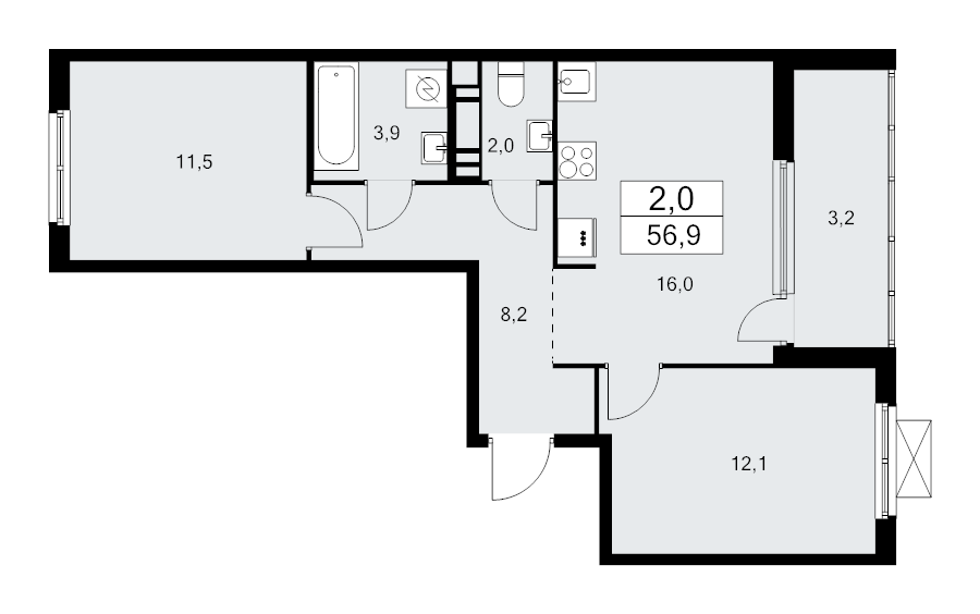 3-комнатная (Евро) квартира, 56.9 м² - планировка, фото №1