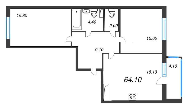 2-комнатная квартира, 64.1 м² - планировка, фото №1