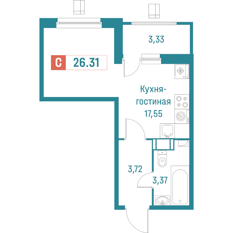 Квартира-студия, 26.31 м² в ЖК "Графика" - планировка, фото №1