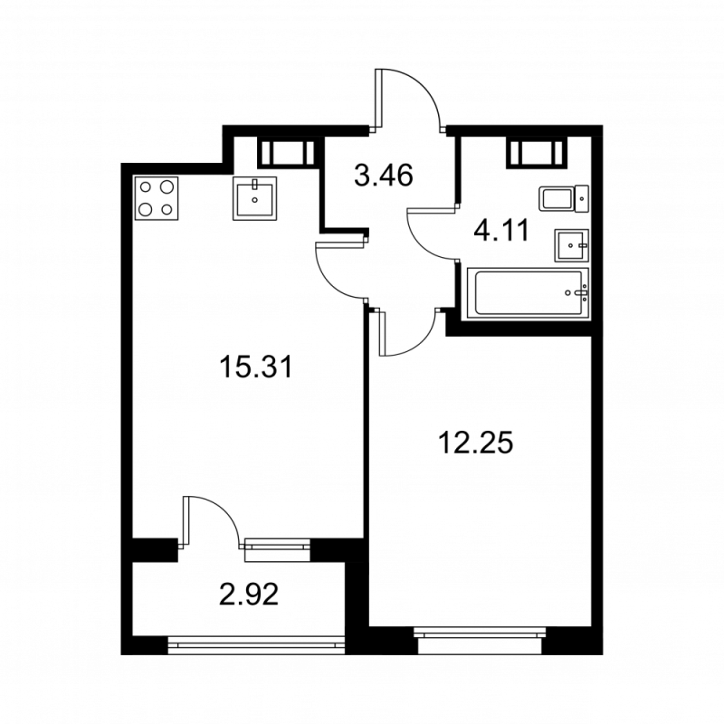 2-комнатная (Евро) квартира, 36.59 м² - планировка, фото №1