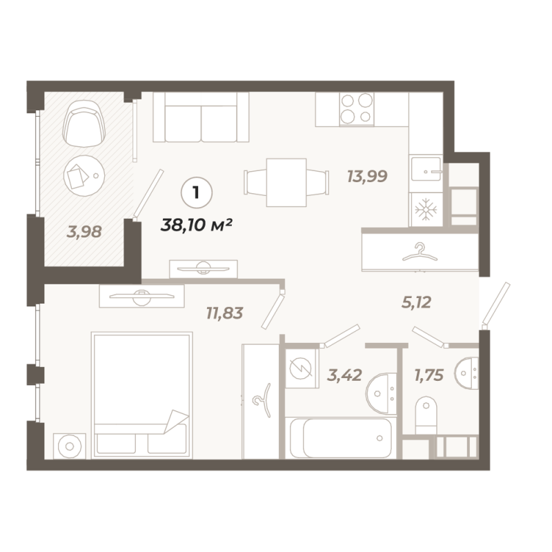 1-комнатная квартира, 38.1 м² в ЖК "Знатный" - планировка, фото №1