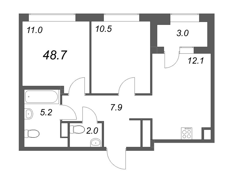 2-комнатная квартира, 48.7 м² в ЖК "Куинджи" - планировка, фото №1