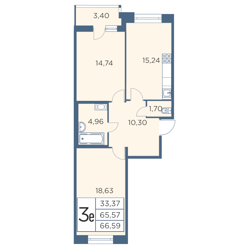 3-комнатная (Евро) квартира, 66.59 м² - планировка, фото №1