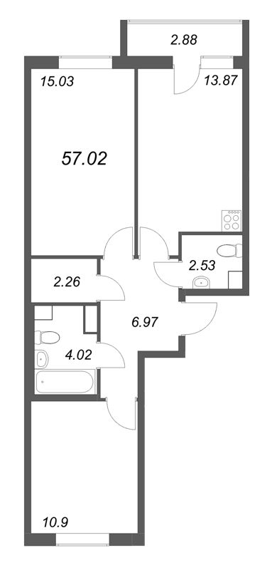 2-комнатная квартира, 57.02 м² в ЖК "Кинопарк" - планировка, фото №1
