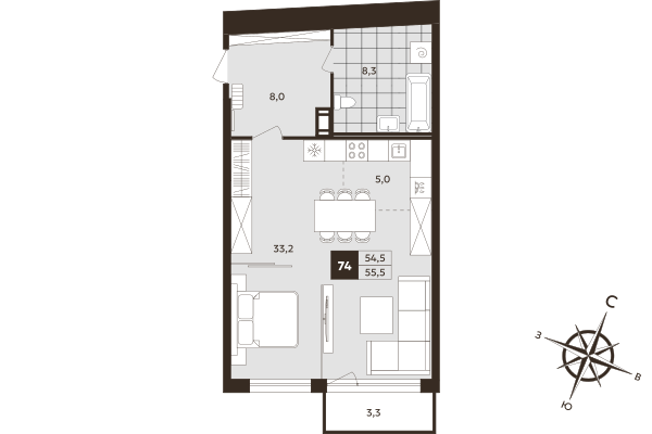 Квартира-студия, 54.5 м² в ЖК "Дом на Бронницкой" - планировка, фото №1