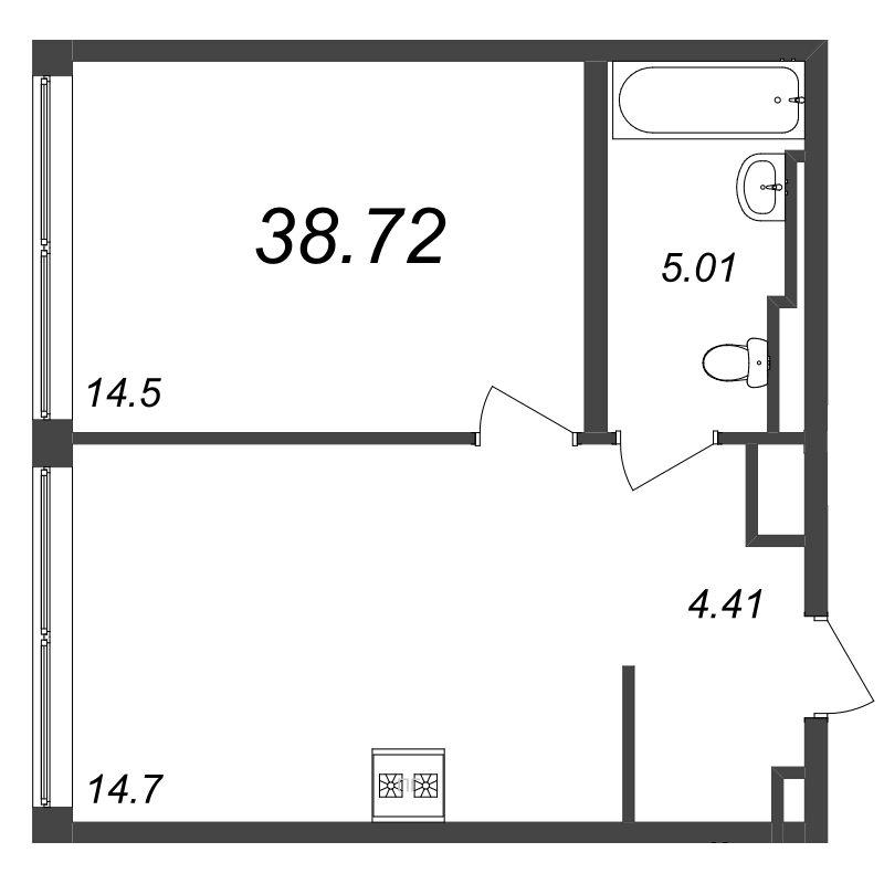 1-комнатная квартира, 38.72 м² - планировка, фото №1