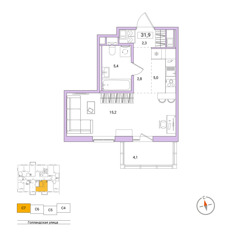 Квартира-студия, 31.9 м² - планировка, фото №1