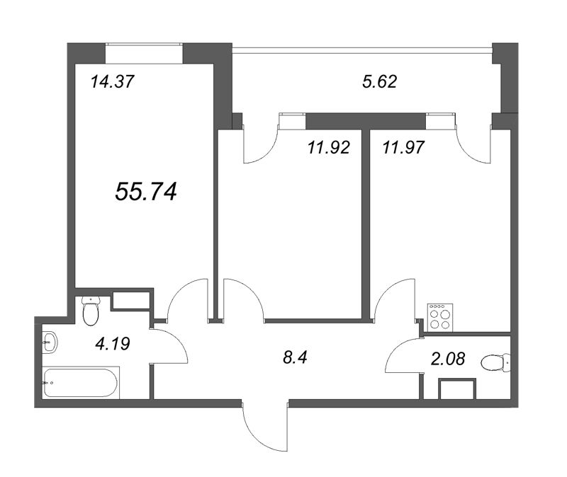 2-комнатная квартира, 55.74 м² - планировка, фото №1