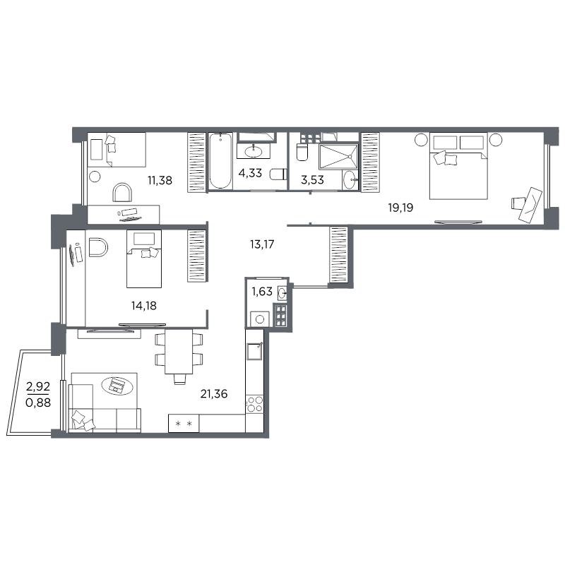 4-комнатная (Евро) квартира, 89.65 м² в ЖК "Акватория" - планировка, фото №1