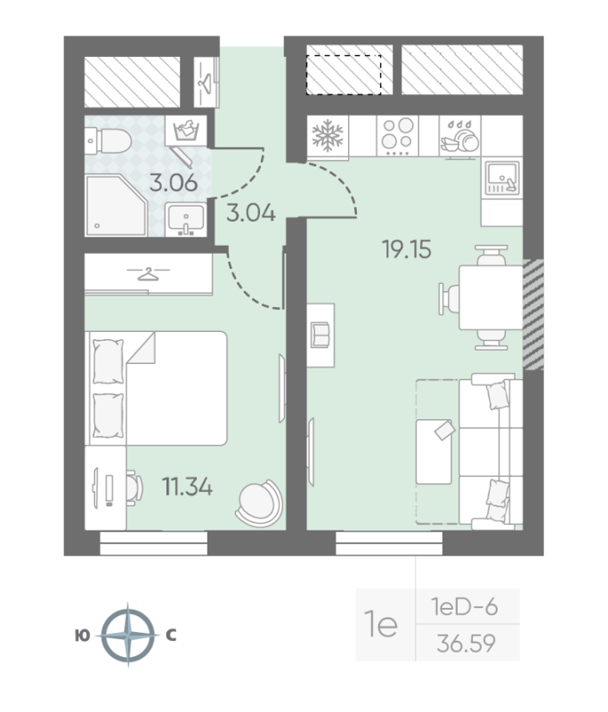 1-комнатная квартира, 36.59 м² в ЖК "Морская миля" - планировка, фото №1