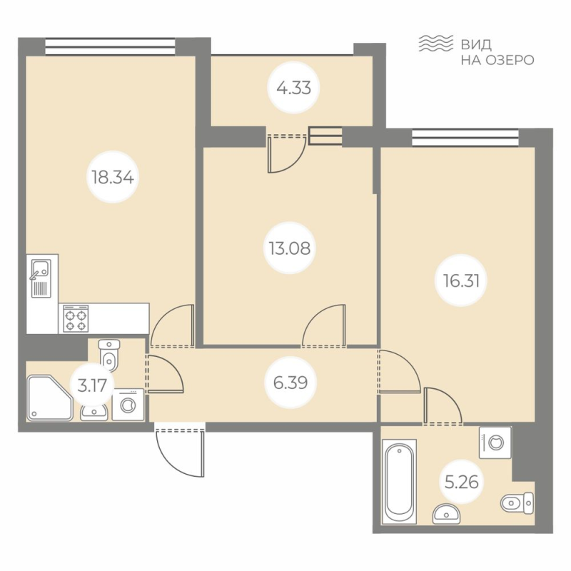 3-комнатная (Евро) квартира, 64.72 м² - планировка, фото №1