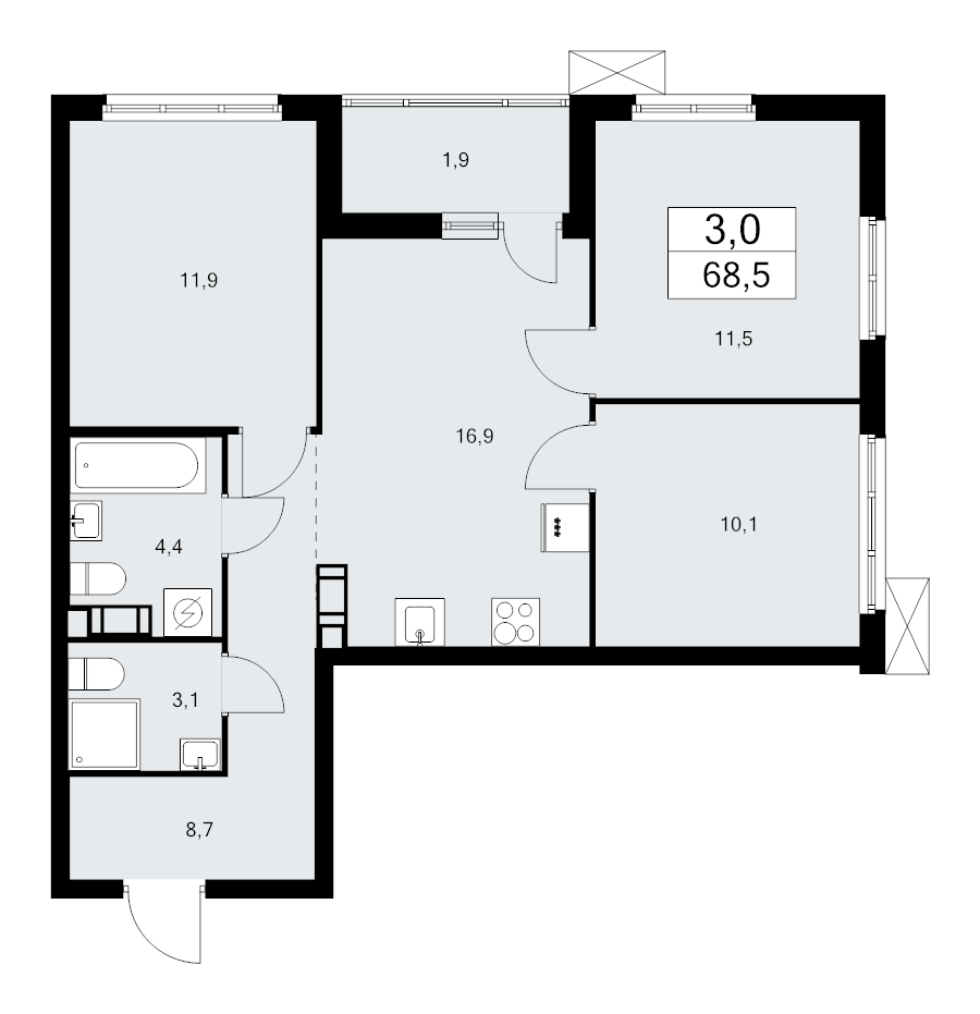 4-комнатная (Евро) квартира, 68.5 м² в ЖК "А101 Лаголово" - планировка, фото №1