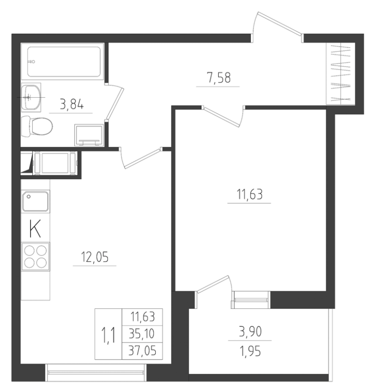 1-комнатная квартира, 37.74 м² - планировка, фото №1