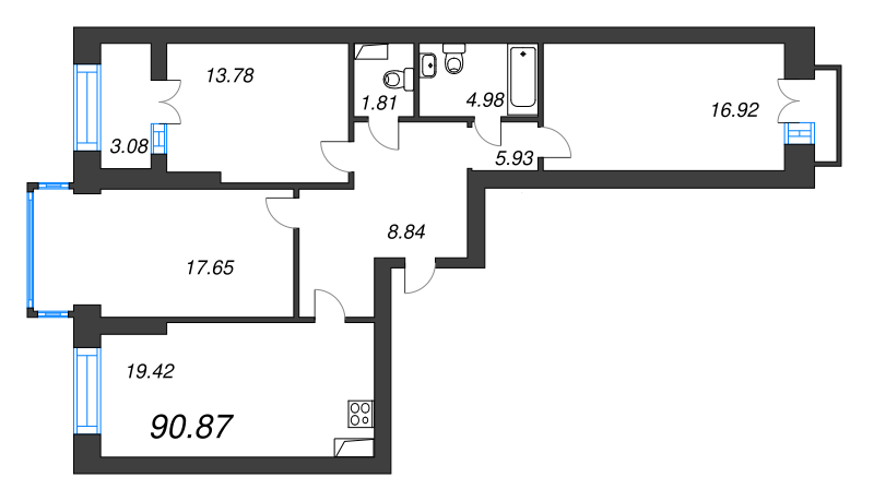 4-комнатная (Евро) квартира, 96.3 м² - планировка, фото №1