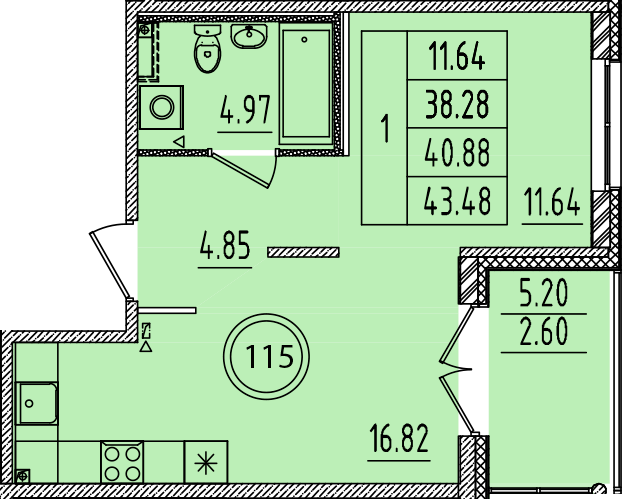 2-комнатная (Евро) квартира, 38.28 м² в ЖК "Образцовый квартал 14" - планировка, фото №1